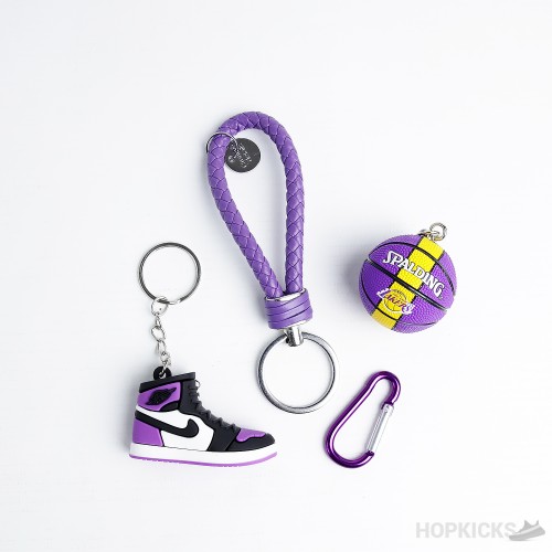 Air Jordan 1 Purple 3D Sneaker With LA Lakers Basketball And Knife Keychain